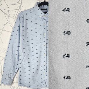 RW & Co Chambray Blue Motorcycles Printed 100% Cotton Tailored Fit Shirt